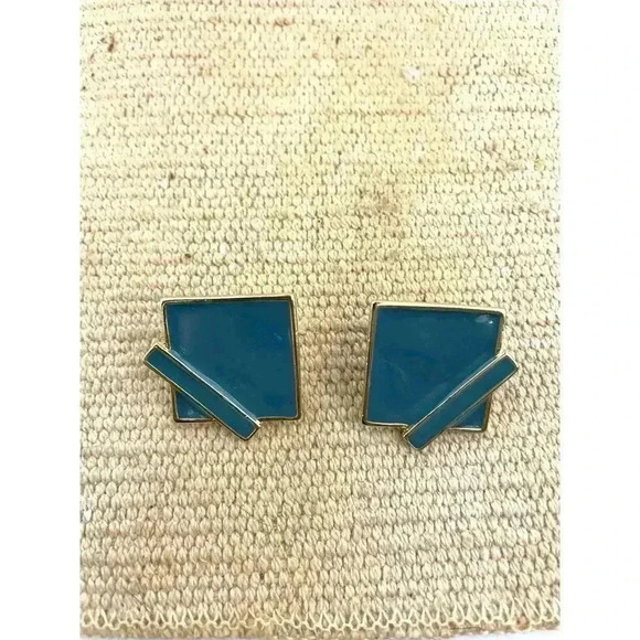 VTG Gold Tone Square Green Enamel Earrings Retro 1" Stamped R - Picture 11 of 11